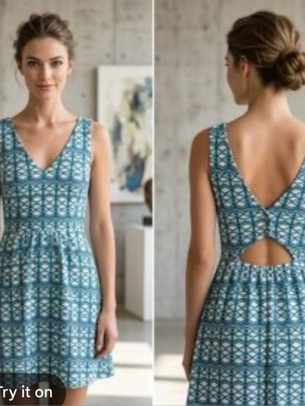 EUC Anthropologie Maeve Green and Teal Geometric V-Neck Women Mini Dress Size 4